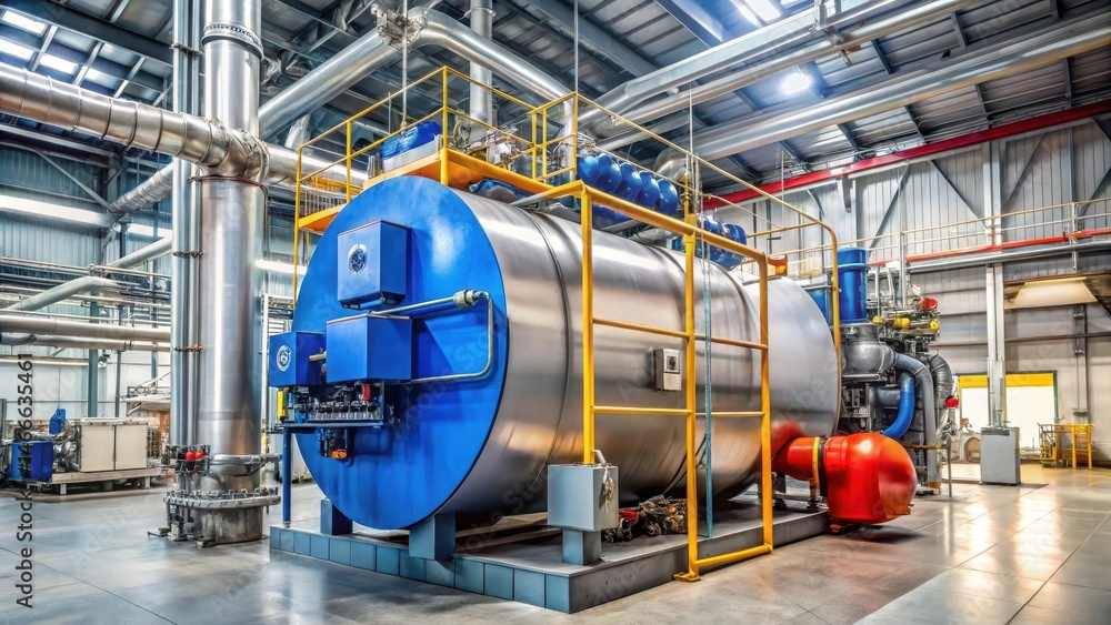 Fototapeta premium High-power industrial gas boiler with natural gas burner in a large plant room filled with machinery and pipes, industrial facility, industrial equipment