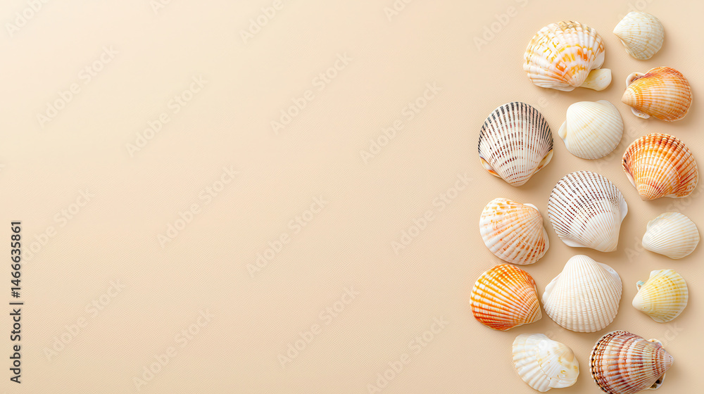 Seashells arranged on soft beige background create serene and natural aesthetic, perfect for coastal themes Seashells arranged on soft beige background create serene and natural aesthetic, perfect for coastal themes