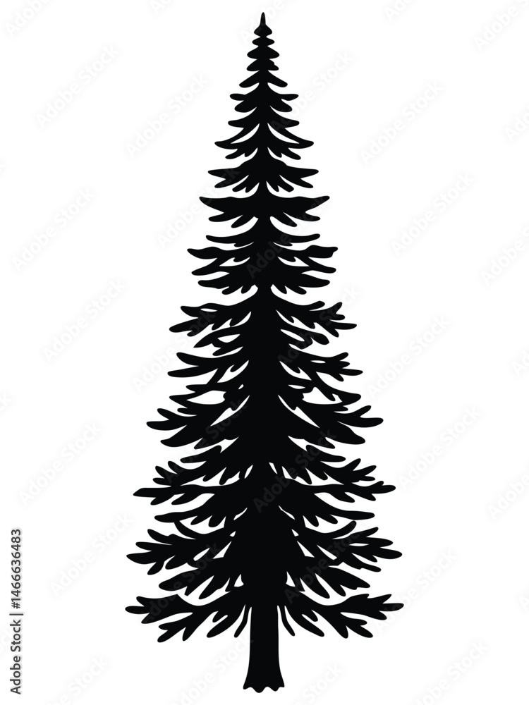 Obraz premium Tall Pine Tree Silhouette Black Evergreen Tree Isolated on White Background for Forest or Holiday Design