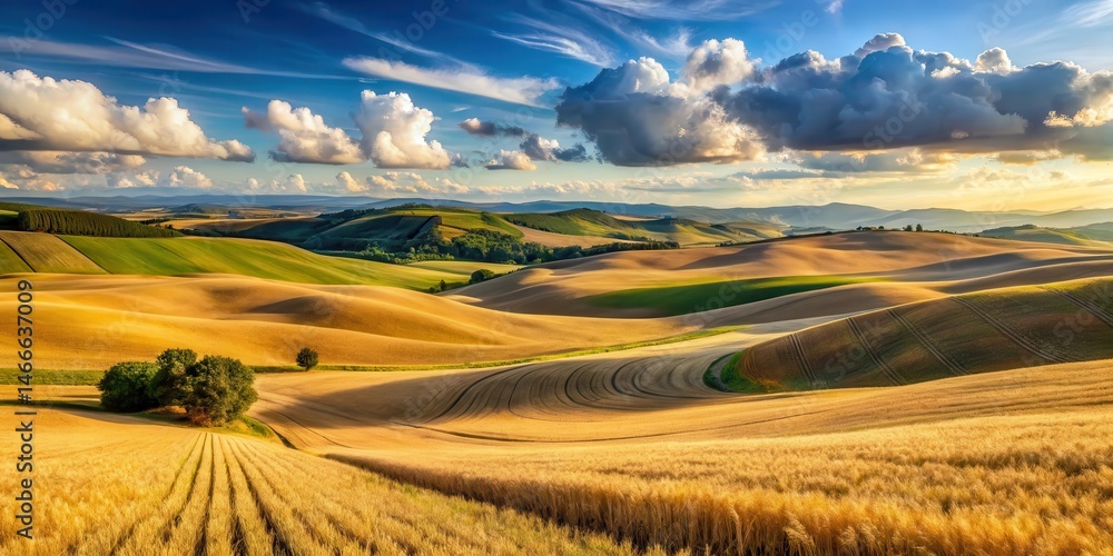 Obraz premium Panoramic view of rolling hills and vast fields of wheat , crop field, valley, crop field, valley, landscape