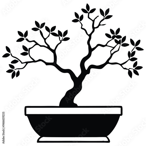 Black silhouette of a potted bonsai tree with small leaves and visible branches, isolated on a white background, in a flat vector style.