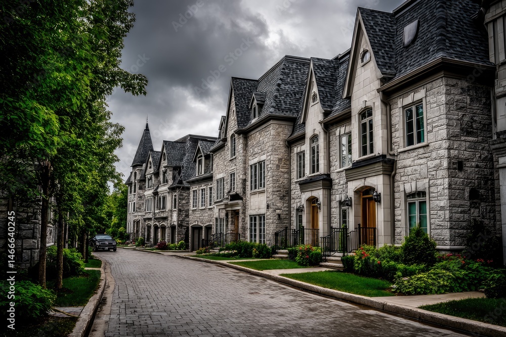 Fototapeta premium Grand Stone Townhouses Under a Dramatic Sky on a Lush Green Street