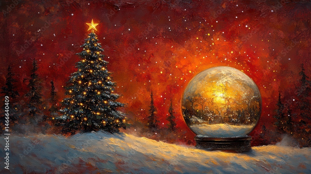 Christmas tree in Glass snow globe on red background, Christmas decorative design with white snowdrift,snowflakes,glow garland,3d decorative garland glow.Xmas Decorations,Vector illustration. Christmas tree in Glass snow globe on red background, Christmas decorative design with white snowdrift,snowflakes,glow garland,3d decorative garland glow.Xmas Decorations,Vector illustration.