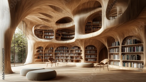 Modern library or bookstore interior with Learning and coworking space,relax zone,Library with rows of bookshelves arranged,school,university,shared desk and chairs,panoramic window.