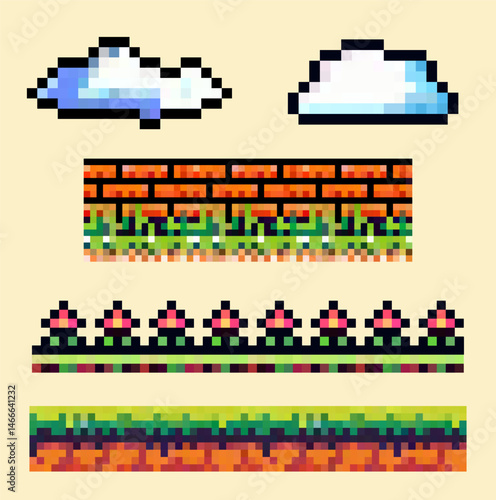 brick, grass, soil, pixel art  game illustration 
