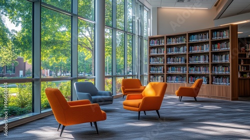 Modern library or bookstore interior with Learning and coworking space,relax zone,Library with rows of bookshelves arranged,school,university,shared desk and chairs,panoramic window.