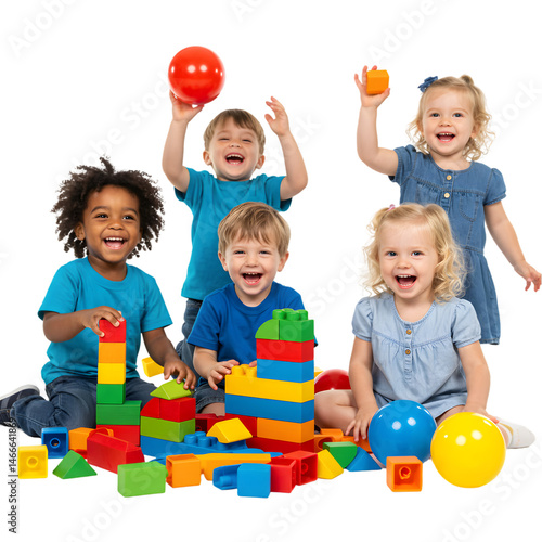 Happy Kids Playing with Colorful Blocks and Balls on transparent background