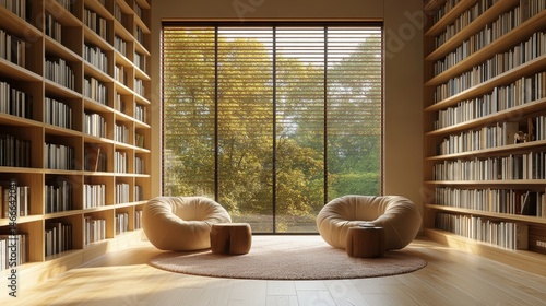Modern library or bookstore interior with Learning and coworking space,relax zone,Library with rows of bookshelves arranged,school,university,shared desk and chairs,panoramic window.