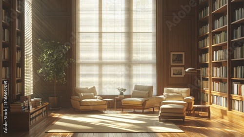 Modern library or bookstore interior with Learning and coworking space,relax zone,Library with rows of bookshelves arranged,school,university,shared desk and chairs,panoramic window.