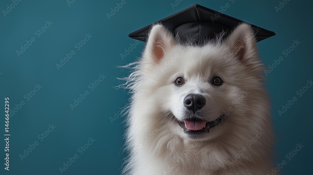 Fototapeta premium A fluffy, white Samoyed dog poses proudly, wearing a black graduation cap tilted slightly on its head. 