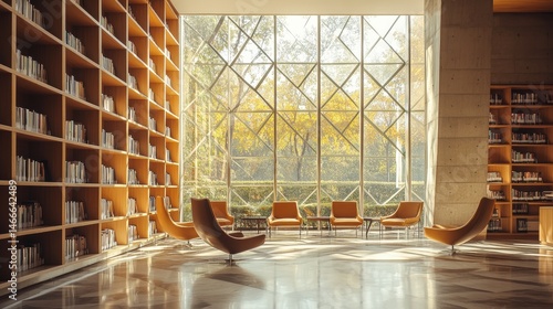 Modern library or bookstore interior with Learning and coworking space,relax zone,Library with rows of bookshelves arranged,school,university,shared desk and chairs,panoramic window.