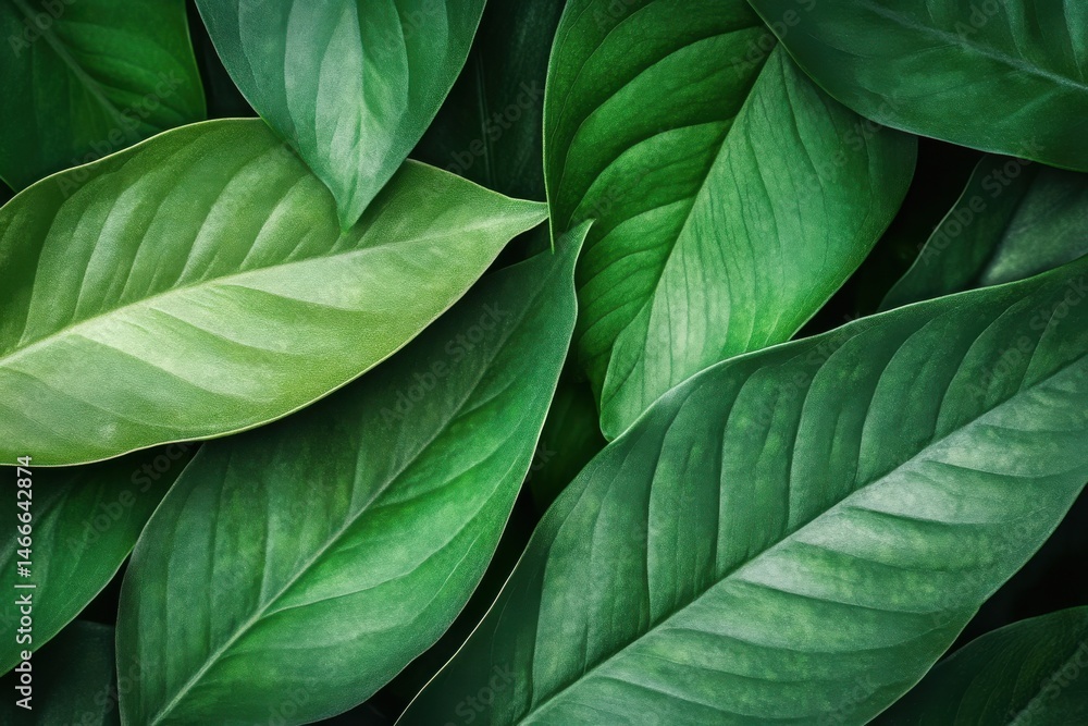 Lush green leaves overlapping on dark background in a natural setting Lush green leaves overlapping on dark background in a natural setting
