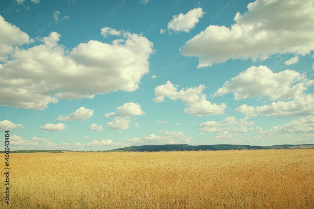 Vast golden field under a bright blue sky filled with white fluffy clouds in summer Vast golden field under a bright blue sky filled with white fluffy clouds in summer
