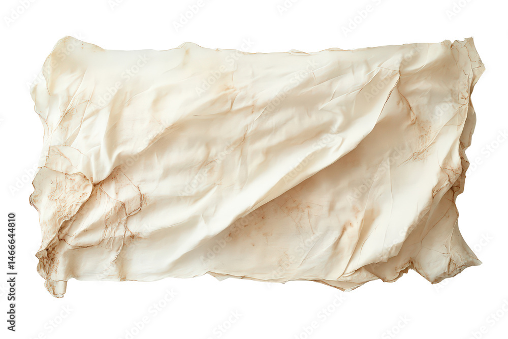 Obraz premium Wrinkled aged parchment paper with brown stains, textured surface, isolated on white, perfect for vintage backgrounds, maps, artistic projects.