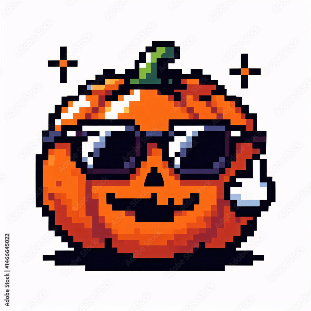 Icon-style Halloween pumpkin in pixel art with sunglasses, minimal retro look, clean white background isolation Icon-style Halloween pumpkin in pixel art with sunglasses, minimal retro look, clean white background isolation