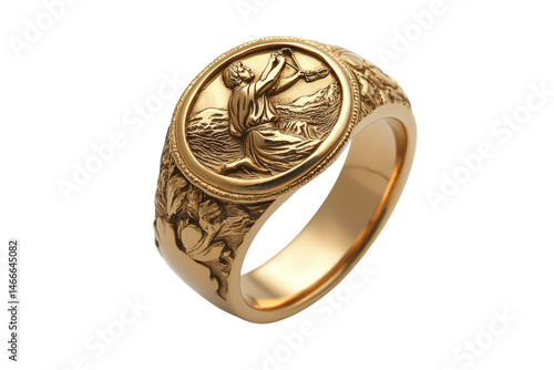  Intricate gold signet ring with carved design, raised emblem, polished surface, isolated on white, symbolizing heritage, tradition, nobility.