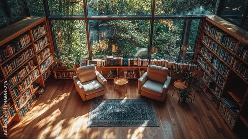 Modern library or bookstore interior with Learning and coworking space,relax zone,Library with rows of bookshelves arranged,school,university,shared desk and chairs,panoramic window.