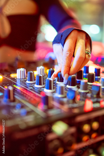 A close-up of a DJ’s hand adjusting the knobs on a vibrant, illuminated sound mixer during a live performance. The image captures the dynamic atmosphere of nightlife and professional music mixing.