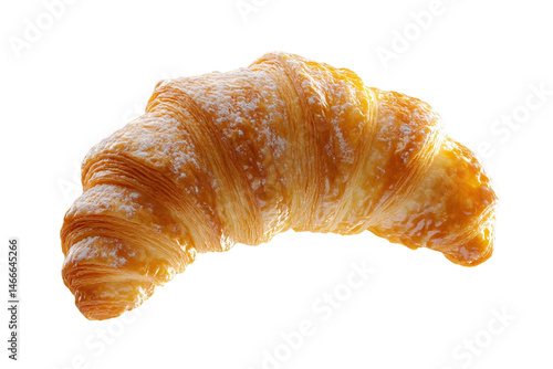  Golden flaky croissant dusted with powdered sugar, buttery texture, isolated on white, delicious French pastry, breakfast classic, appetizing look.
