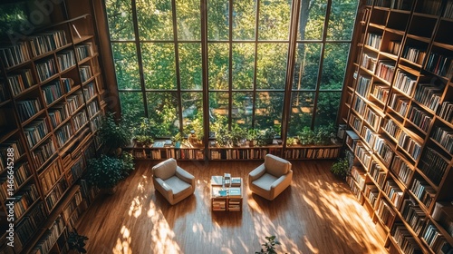 Modern library or bookstore interior with Learning and coworking space,relax zone,Library with rows of bookshelves arranged,school,university,shared desk and chairs,panoramic window.