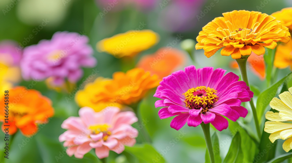 Obraz premium Colorful flowers in vibrant garden display, showcasing various zinnias in shades of pink, orange, yellow, and purple, creating cheerful atmosphere
