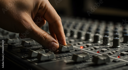 Human Hand Adjusting Slider On Black Audio Mixer In Dark Studio with Multiple Knobs and Control Buttons