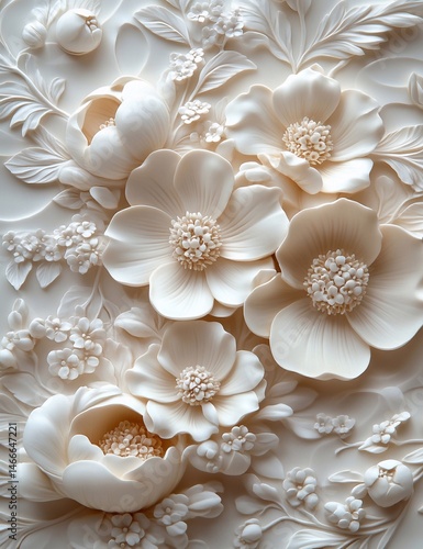 bas-relief art beautifully of White porcelain relief, magnolia flowers, simple background