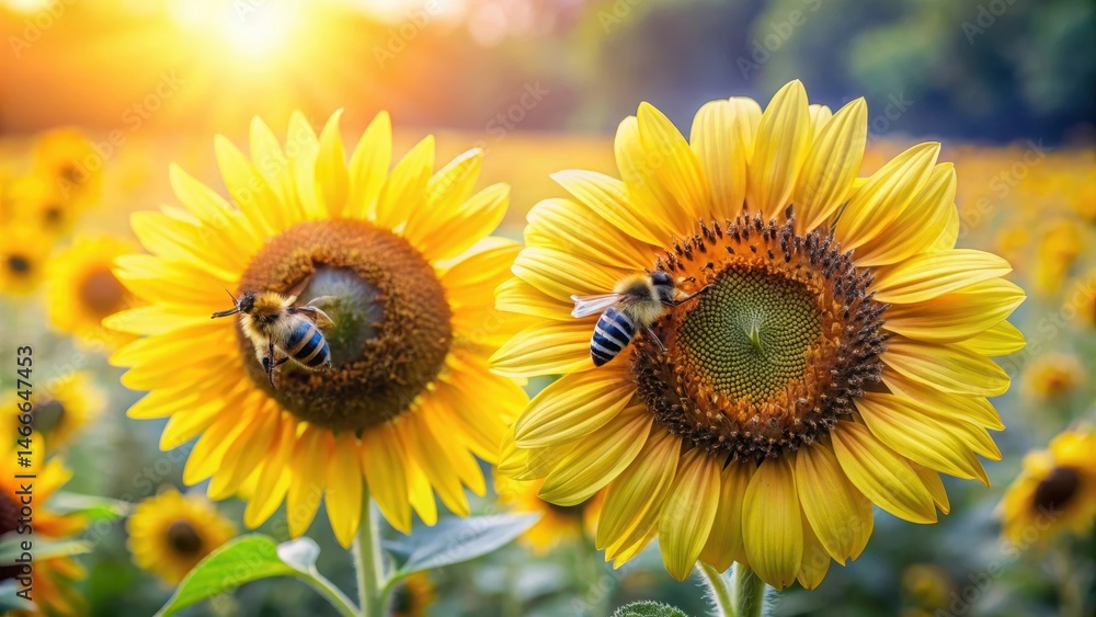 Fototapeta premium bees collecting nectar from sunflowers in a garden, wildflowers, botanical, wildflowers, botanical