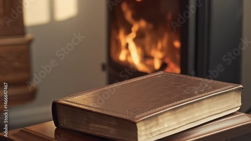 Cozy Fireplace with Open Book – Warm Light and Gentle Ambiance for a Relaxing Mood