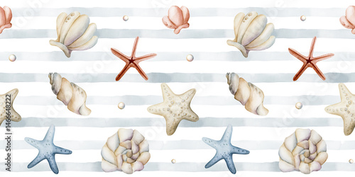 Sea Shells Starfish Pearls. Watercolor hand painted summer blue stripped seamless pattern on white background kids baby