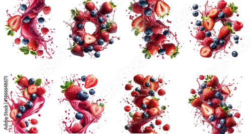 set swirling tornado made of berries, floating sliced and whole strawberries, raspberry, blueberry dynamic spiral motion, splash effect, isolated on transparent background