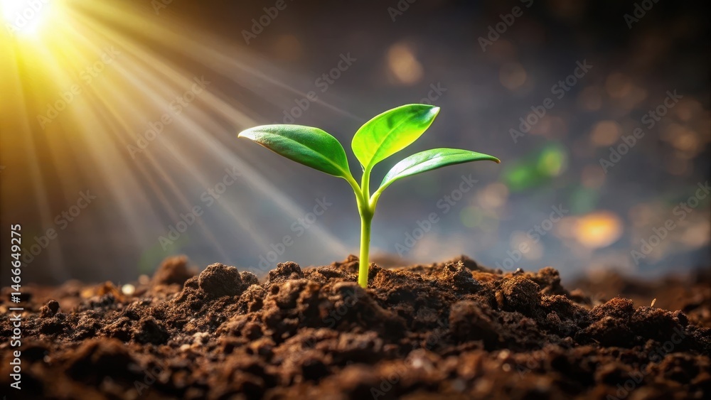 A small, tender sprout emerges from the surface of a rich A small, tender sprout emerges from the surface of a rich