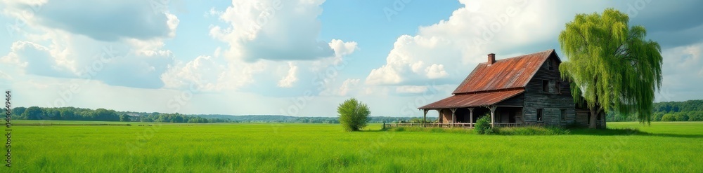 Rustic farmhouse, weeping willow, cloudy sky, green field , landscape, architecture, solitude Rustic farmhouse, weeping willow, cloudy sky, green field , landscape, architecture, solitude