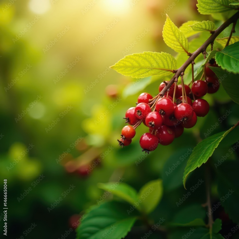 Obraz premium Sun-drenched wild berries, vibrant hues, lush foliage, blackberry, dew
