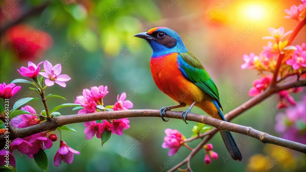 Colorful zeberka perched on a branch in the forest with vibrant leaves and flowers Colorful zeberka perched on a branch in the forest with vibrant leaves and flowers