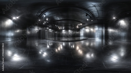 360 Degree full panorama environment of black minimalistic studio environment with bright lights and reflections, 3d render illustration hdri hdr vr virtual reality