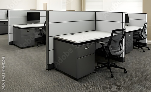 Standard office furniture and decor fabric cubicle walls functional chairs carpet tiles neutral