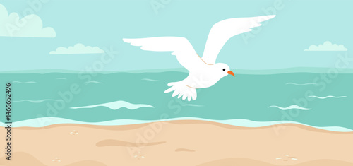 Seascape with soaring white seagull, Coast with sand and peaceful blue sea, horizon and sky with clouds. Vector illustration. Horizontal poster background with marine nature