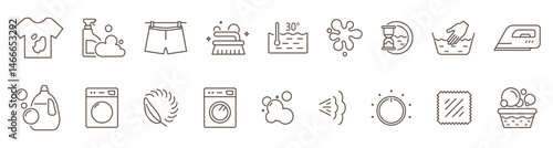 Set of laundry self service linear icons isolated on transparent background. Washing service icons. Washing machine, t-shirt, spot liquid detergent, basin, iron and other icons. Editable stroke.