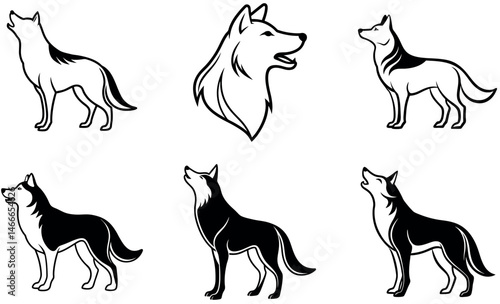 Siberian Husky Wolf Silhouette Icon Set, Vector Design