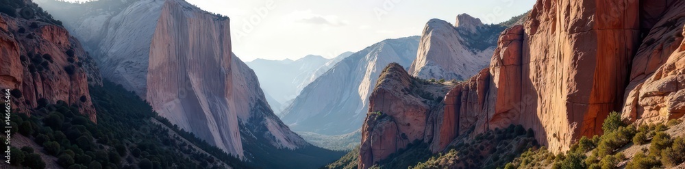 Fototapeta premium Steep canyon walls, towering mountain backdrop, shadow, panorama