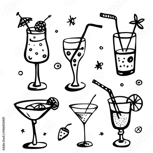 Coquettish merry Christmas set, vector hand drawn New Year doodle illustration, pink ribbon bow. Winter holiday celebration dinner champagne bottle, elegant decoration cocktail glass. Christmas doodle