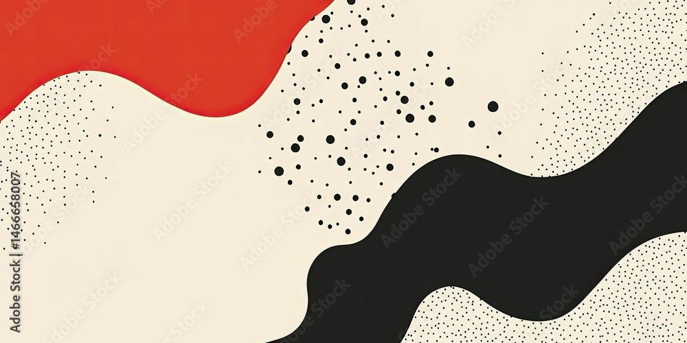 Obraz premium Modern Abstract Wavy Shapes with Dots in Red with Black, and and Beige.