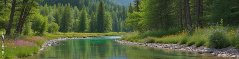 Naklejka premium Crystal clear river meanders past towering trees, wildflowers carpet valley floor , flora, landscape