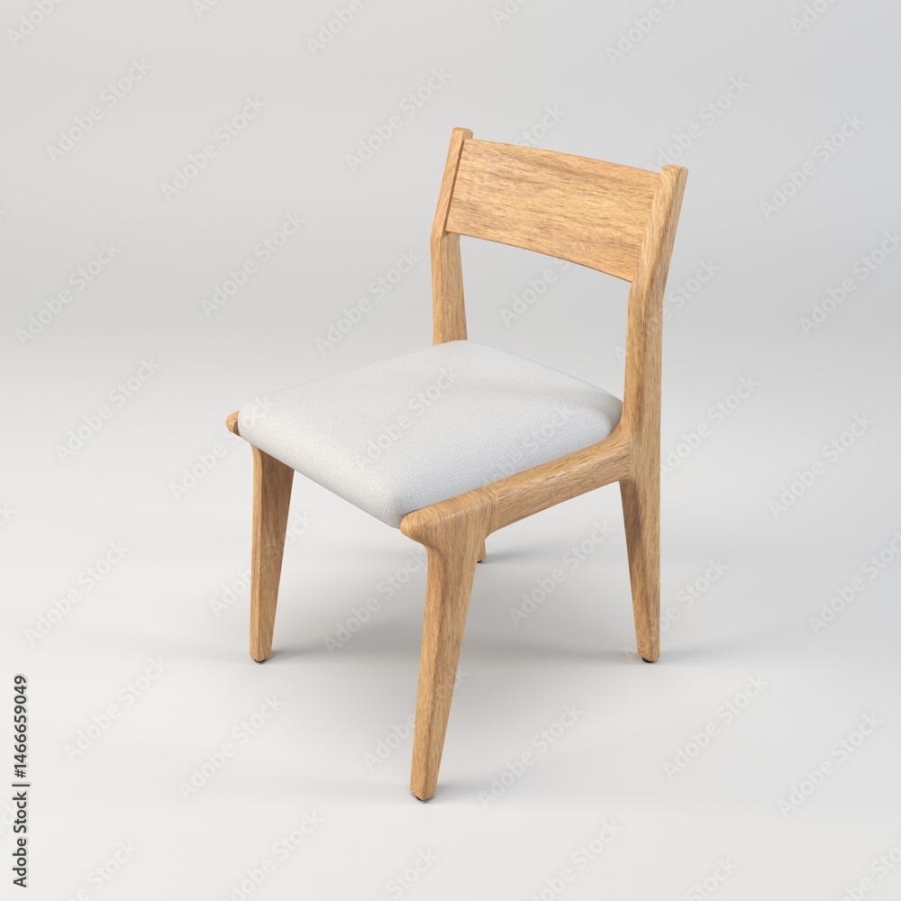 Fototapeta premium A modern and minimalist 3D illustration featuring a sofa chair in a palette of grey, black, off-white, and white, accented with natural wooden tones. The design emphasizes clean lines, geometric shape
