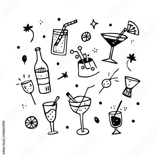 Coquettish merry Christmas set, vector hand drawn New Year doodle illustration, pink ribbon bow. Winter holiday celebration dinner champagne bottle, elegant decoration cocktail glass. Christmas doodle