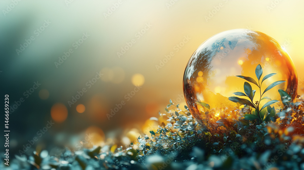Glowing Eco Sphere and Young Plant in Natural Environment. Small green plant sprouting beside glowing glass globe, symbolizing sustainability and nature's harmony. Glowing Eco Sphere and Young Plant in Natural Environment. Small green plant sprouting beside glowing glass globe, symbolizing sustainability and nature's harmony.