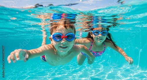 Happy children swimming underwater in a pool during summer vacation