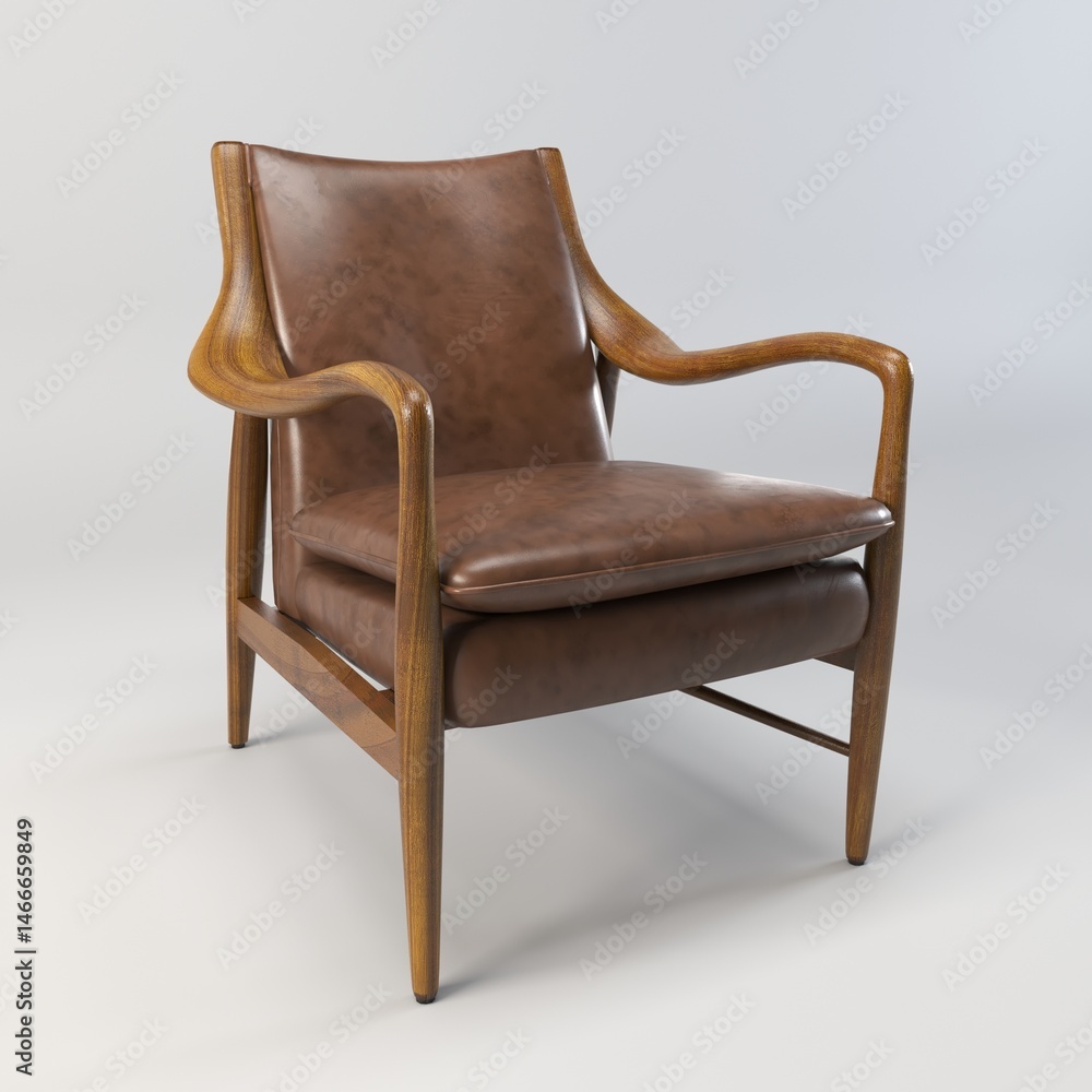 A modern and minimalist 3D illustration featuring a sofa chair in a palette of grey, black, off-white, and white, accented with natural wooden tones. The design emphasizes clean lines, geometric shape A modern and minimalist 3D illustration featuring a sofa chair in a palette of grey, black, off-white, and white, accented with natural wooden tones. The design emphasizes clean lines, geometric shape
