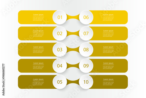 Yellow infographic template with 10 steps, options, parts or processes. Presentation of teamwork or business processes.